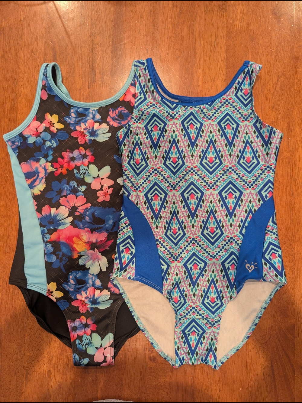 Lot Of 2 Justice Swimsuits One Piece Floral Black & Aqua and Geometric Blue (10)